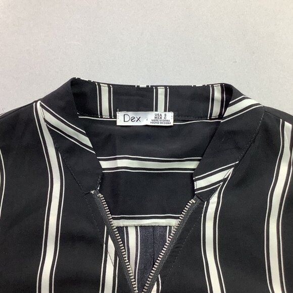 Striped Black & White Midi Dress Roll-Up Sleeves Drawstring Waist Old Money - Picture 6 of 10